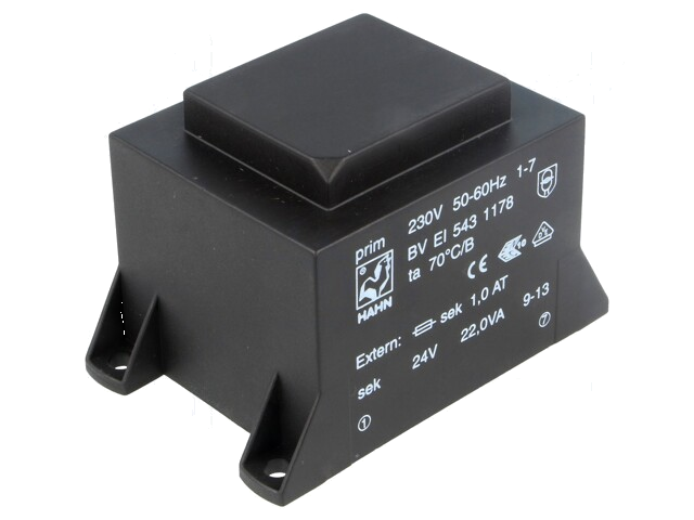Transformator: ingegoten; 22VA; 230VAC; 24V; 917mA; PCB; BVEI Transformator: ingegoten; 22VA; 230VAC; 24V; 917mA; PCB; BVEI